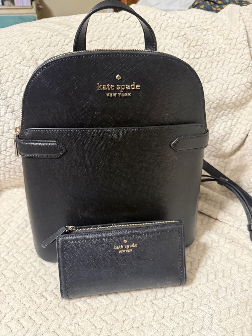 kate spade black leather backpack with matching wallet